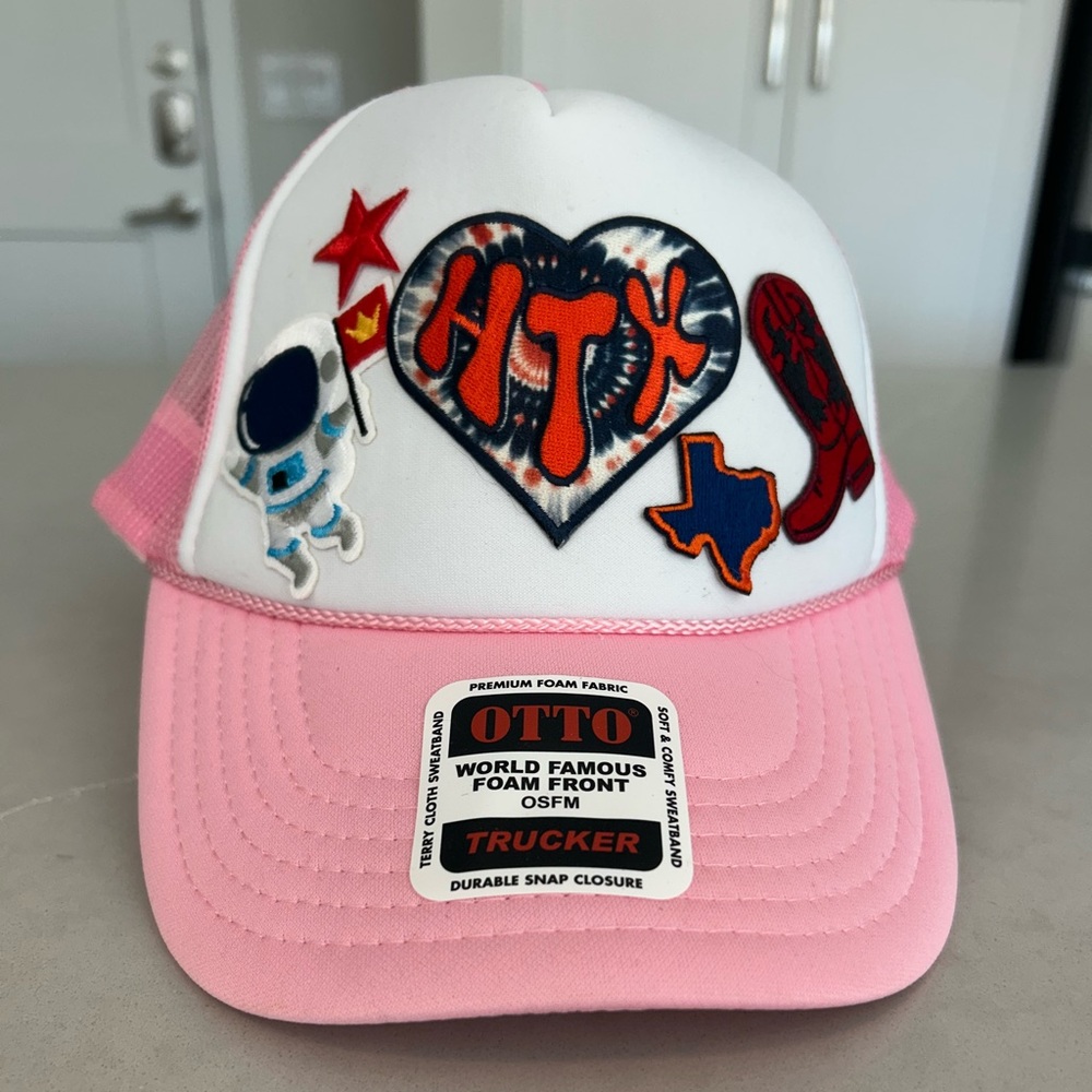 Pink and White Houston Trucker Hat with Patches